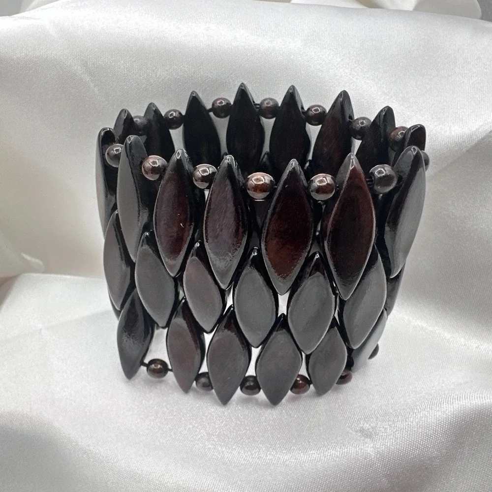 Vintage 90s Brown Wood Bead Stretch Cuff Bracelet Boho Jewelry